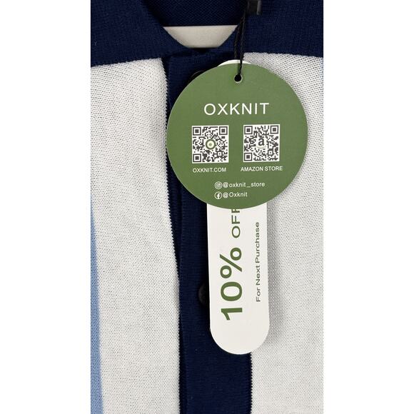 Oxknit Mens 60s Vertical Stripe Short Sleeve Knit Button Polo Mens XL Blue New - Picture 8 of 9